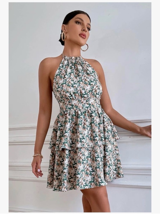Dresses & Skirts - Floral Halter Tiered Mini Dress in Green